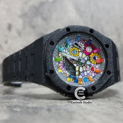 Casioak Mod Watch Frosted Black Case Metal Strap Gray Rainbow Time Mark Takashi Murakami Dial 44mm- Casioak Mod Casio G-Shock Royal Oak Custom Mens Luxury Watches Ga2100