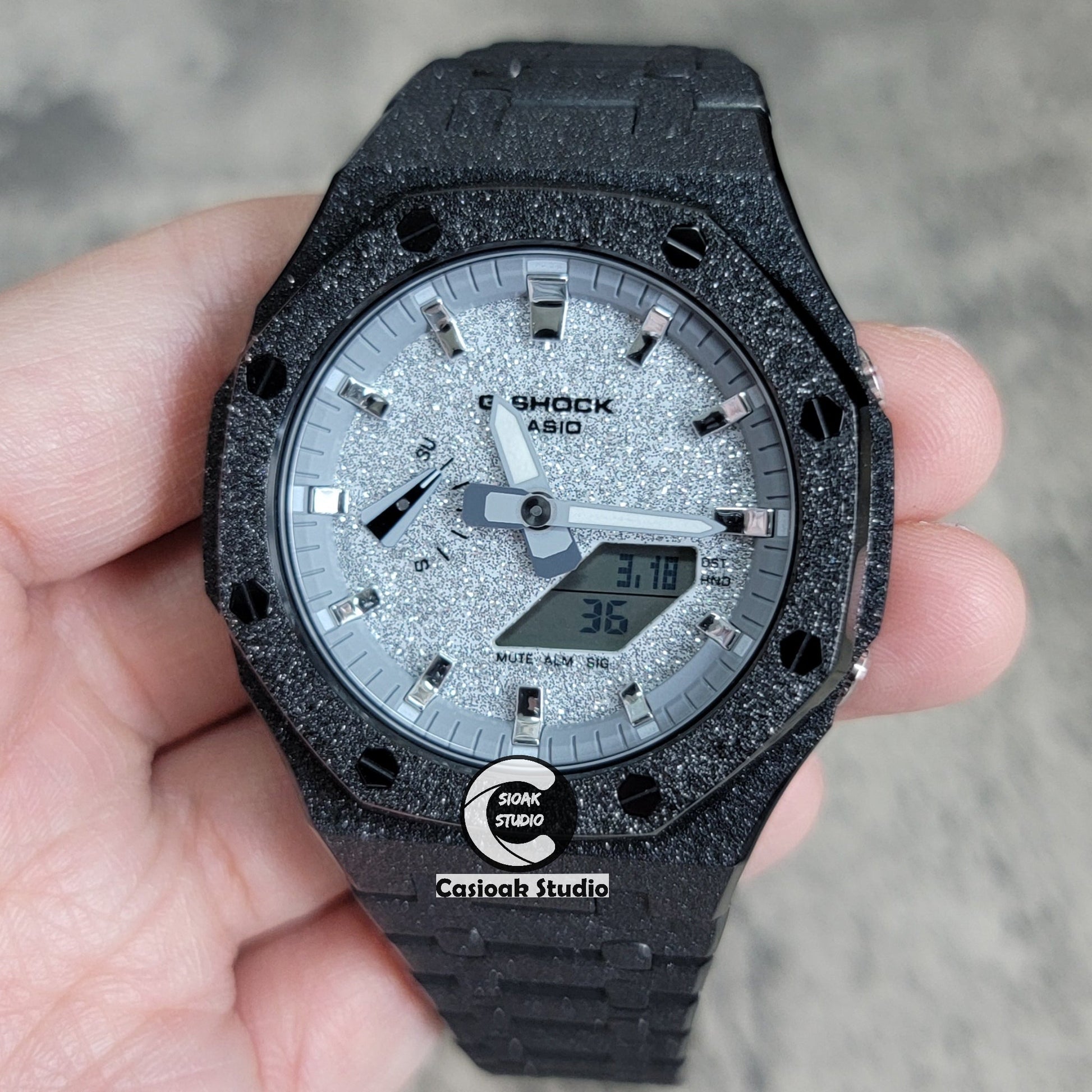 Casioak Mod Watch Frosted Black Case Metal Strap Gray Silver Time Mark Starry Silver Dial 44mm- Casioak Mod Casio G-Shock Royal Oak Custom Mens Luxury Watches Ga2100