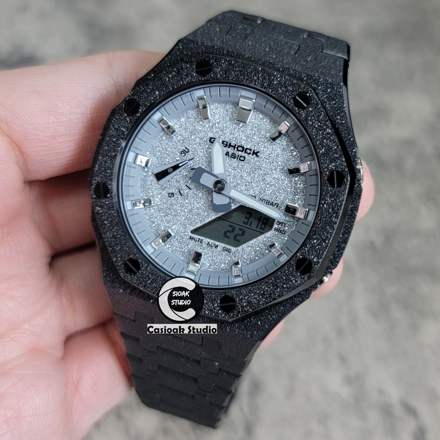 Casioak Mod Watch Frosted Black Case Metal Strap Gray Silver Time Mark Starry Silver Dial 44mm- Casioak Mod Casio G-Shock Royal Oak Custom Mens Luxury Watches Ga2100