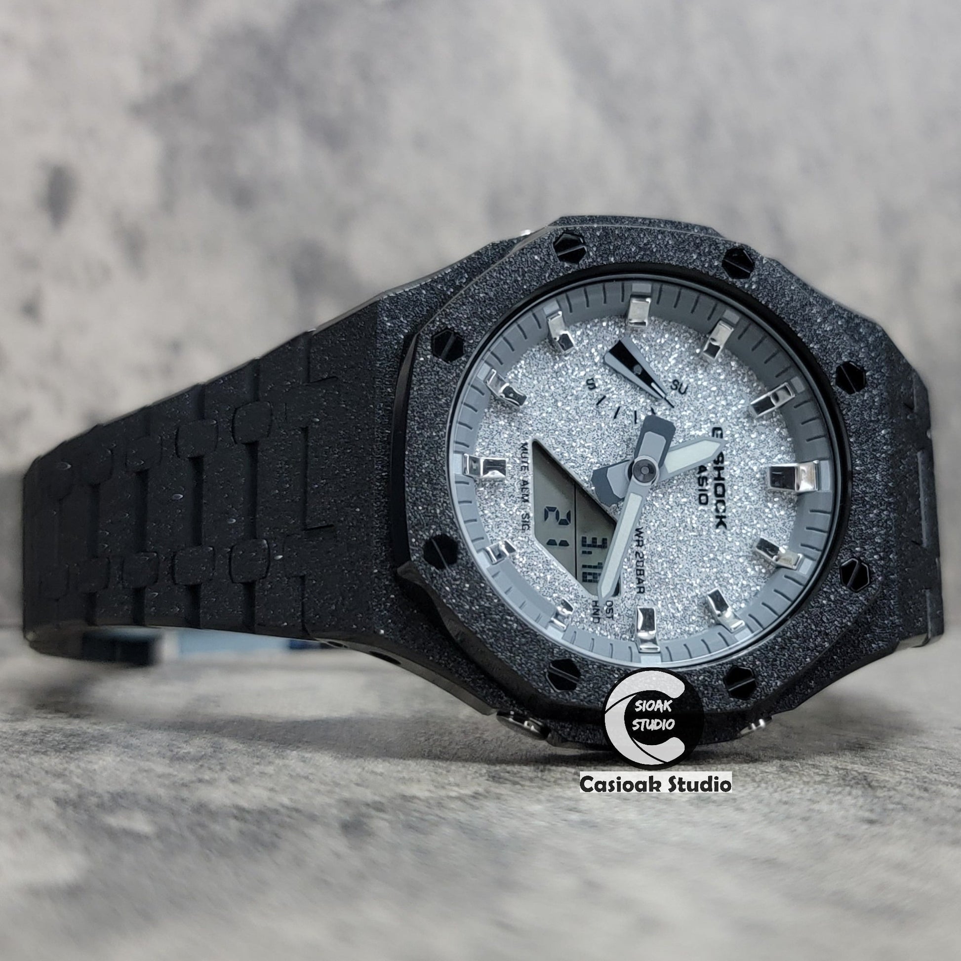 Casioak Mod Watch Frosted Black Case Metal Strap Gray Silver Time Mark Starry Silver Dial 44mm- Casioak Mod Casio G-Shock Royal Oak Custom Mens Luxury Watches Ga2100