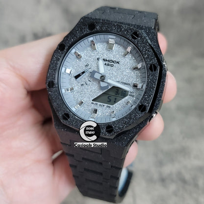 Casioak Mod Watch Frosted Black Case Metal Strap Gray Silver Time Mark Starry Silver Dial 44mm- Casioak Mod Casio G-Shock Royal Oak Custom Mens Luxury Watches Ga2100