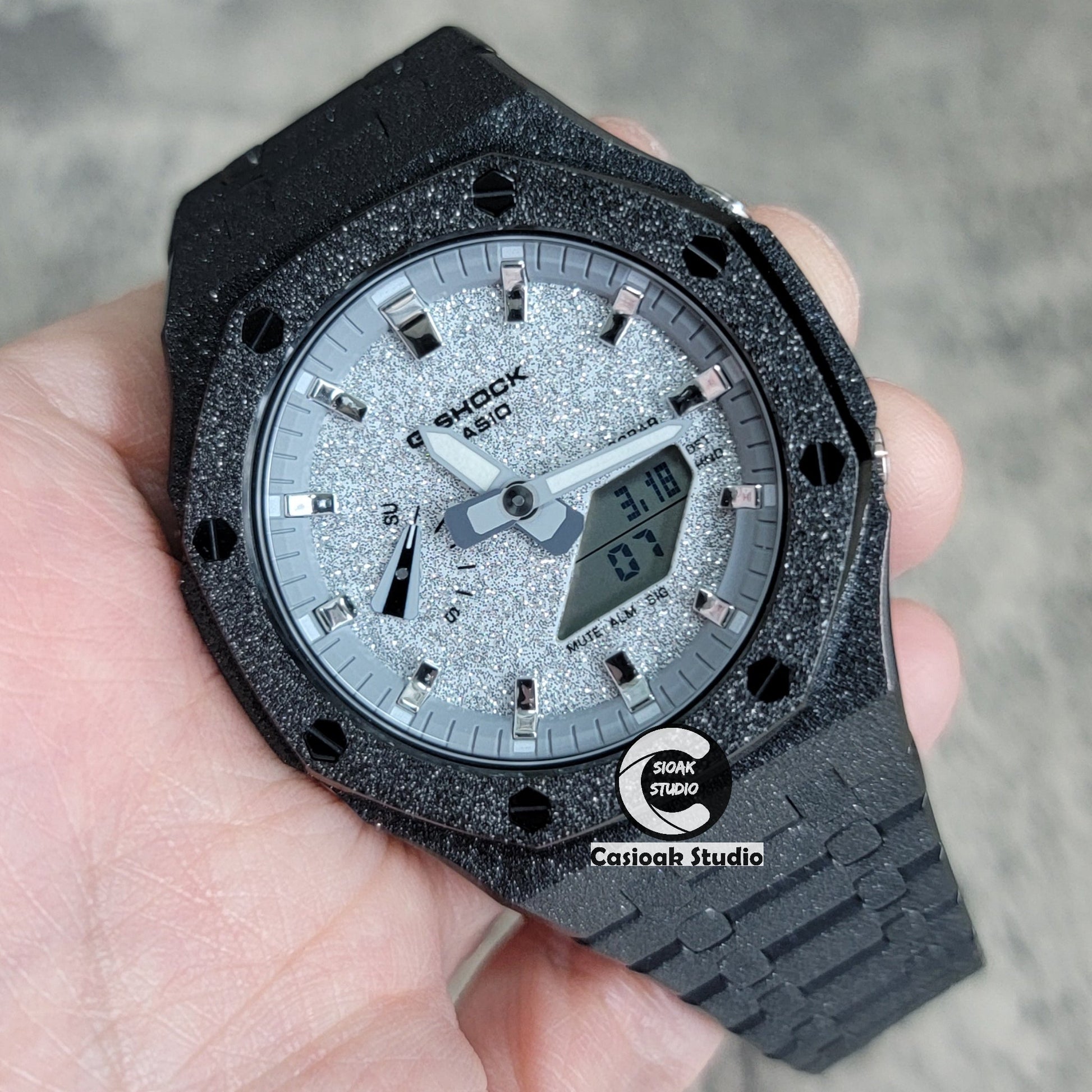 Casioak Mod Watch Frosted Black Case Metal Strap Gray Silver Time Mark Starry Silver Dial 44mm- Casioak Mod Casio G-Shock Royal Oak Custom Mens Luxury Watches Ga2100