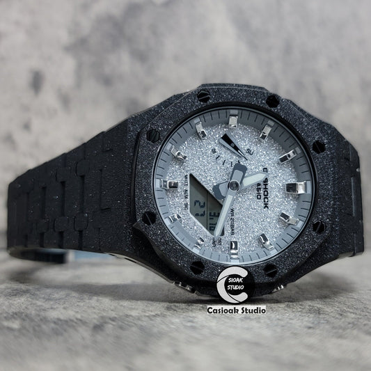 Casioak Mod Watch Frosted Black Case Metal Strap Gray Silver Time Mark Starry Silver Dial 44mm- Casioak Mod Casio G-Shock Royal Oak Custom Mens Luxury Watches Ga2100