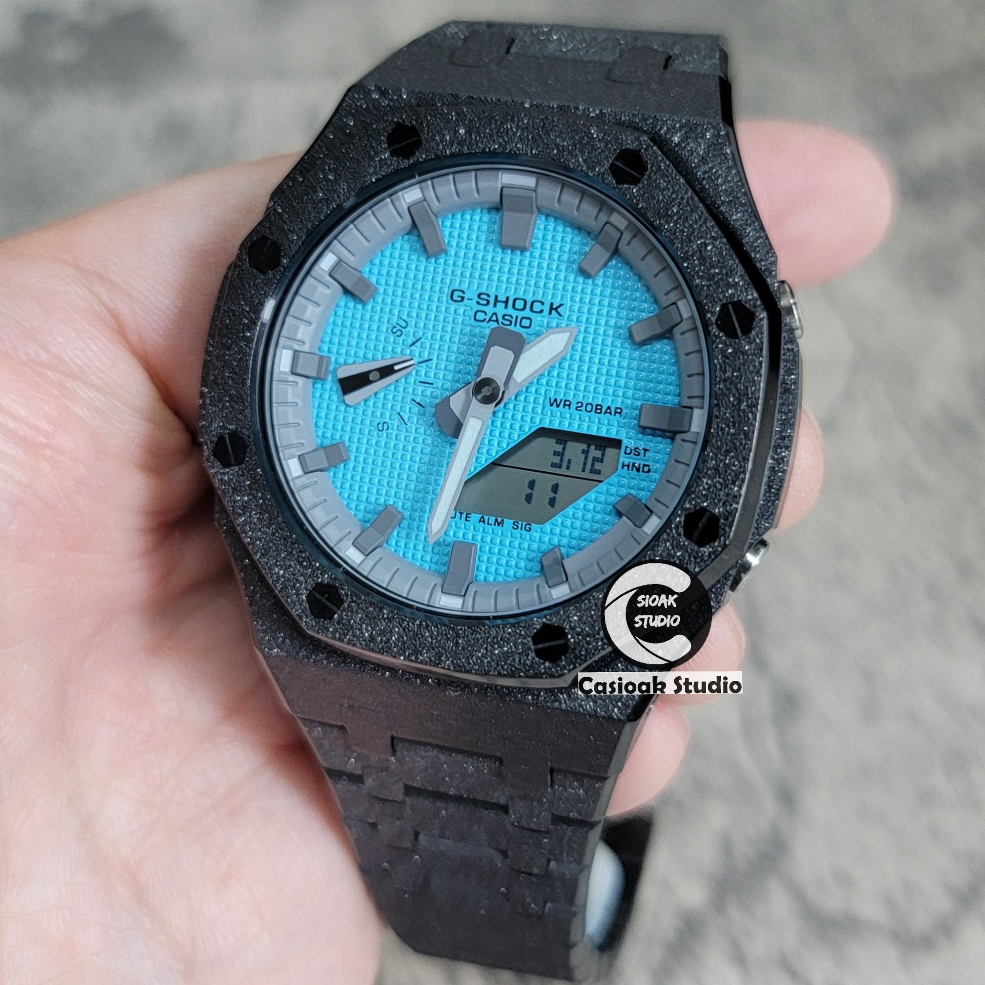 Casioak Mod Watch Frosted Black Case Metal Strap Gray Time Mark Blue Dial 44mm- Casioak Mod Casio G-Shock Royal Oak Custom Mens Luxury Watches Ga2100