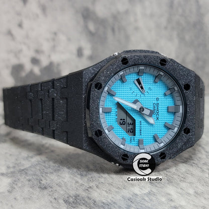 Casioak Mod Watch Frosted Black Case Metal Strap Gray Time Mark Blue Dial 44mm- Casioak Mod Casio G-Shock Royal Oak Custom Mens Luxury Watches Ga2100