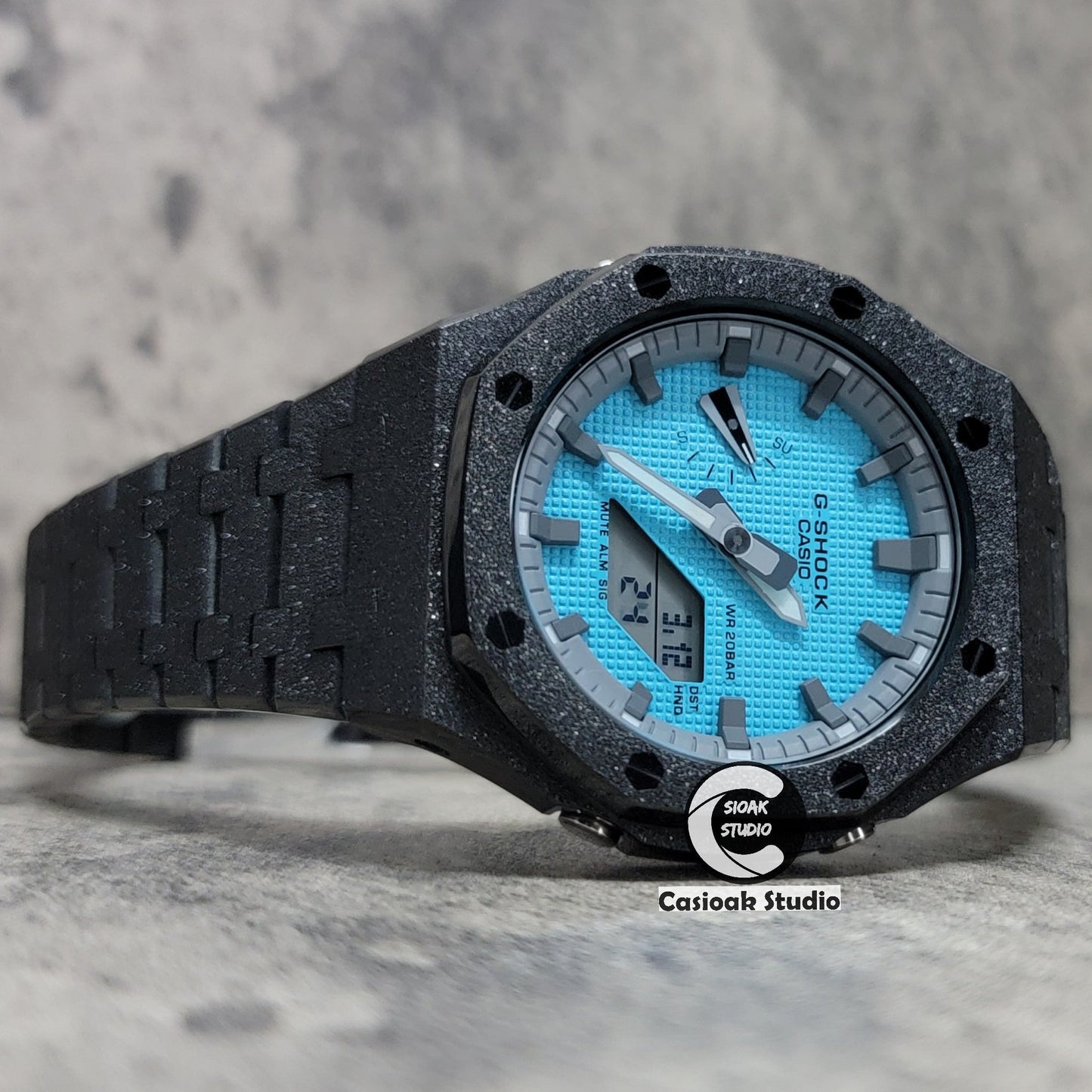 Casioak Mod Watch Frosted Black Case Metal Strap Gray Time Mark Blue Dial 44mm- Casioak Mod Casio G-Shock Royal Oak Custom Mens Luxury Watches Ga2100