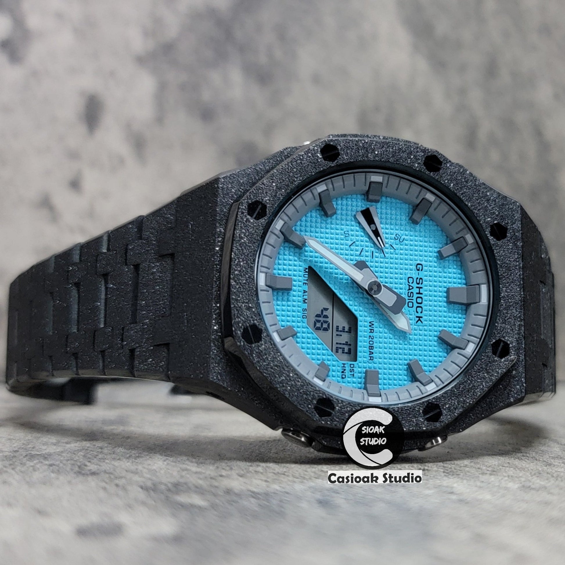 Casioak Mod Watch Frosted Black Case Metal Strap Gray Time Mark Blue Dial 44mm- Casioak Mod Casio G-Shock Royal Oak Custom Mens Luxury Watches Ga2100