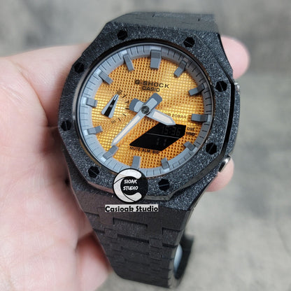 Casioak Mod Watch Frosted Black Case Metal Strap Gray Time Mark Gold Waffle Dial 44mm- Casioak Mod Casio G-Shock Royal Oak Custom Mens Luxury Watches Ga2100