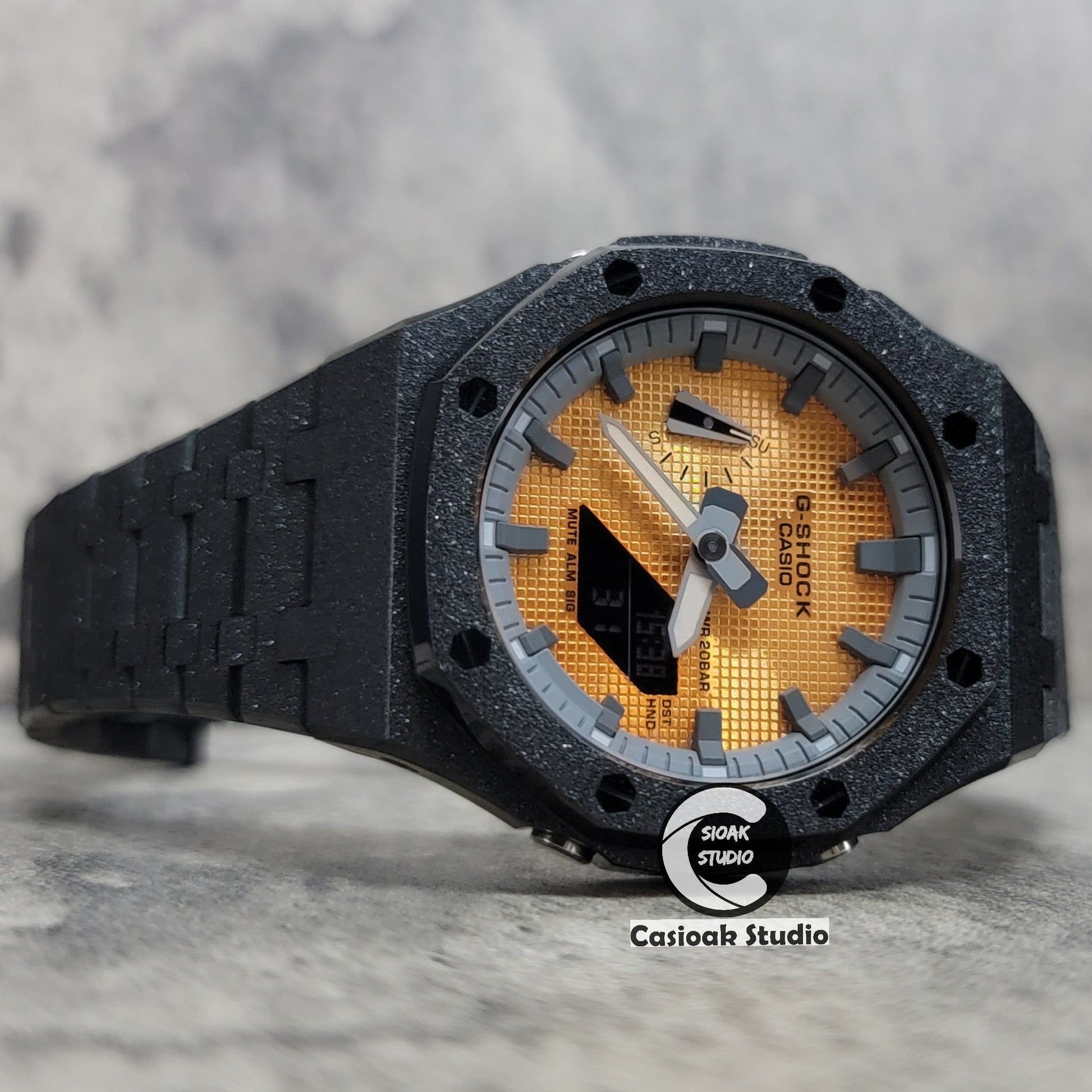 Casioak Mod Watch Frosted Black Case Metal Strap Gray Time Mark Gold Waffle Dial 44mm- Casioak Mod Casio G-Shock Royal Oak Custom Mens Luxury Watches Ga2100