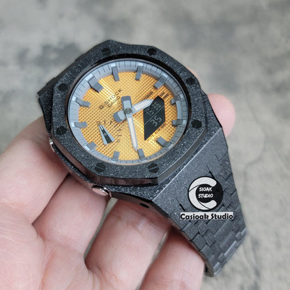 Casioak Mod Watch Frosted Black Case Metal Strap Gray Time Mark Gold Waffle Dial 44mm- Casioak Mod Casio G-Shock Royal Oak Custom Mens Luxury Watches Ga2100