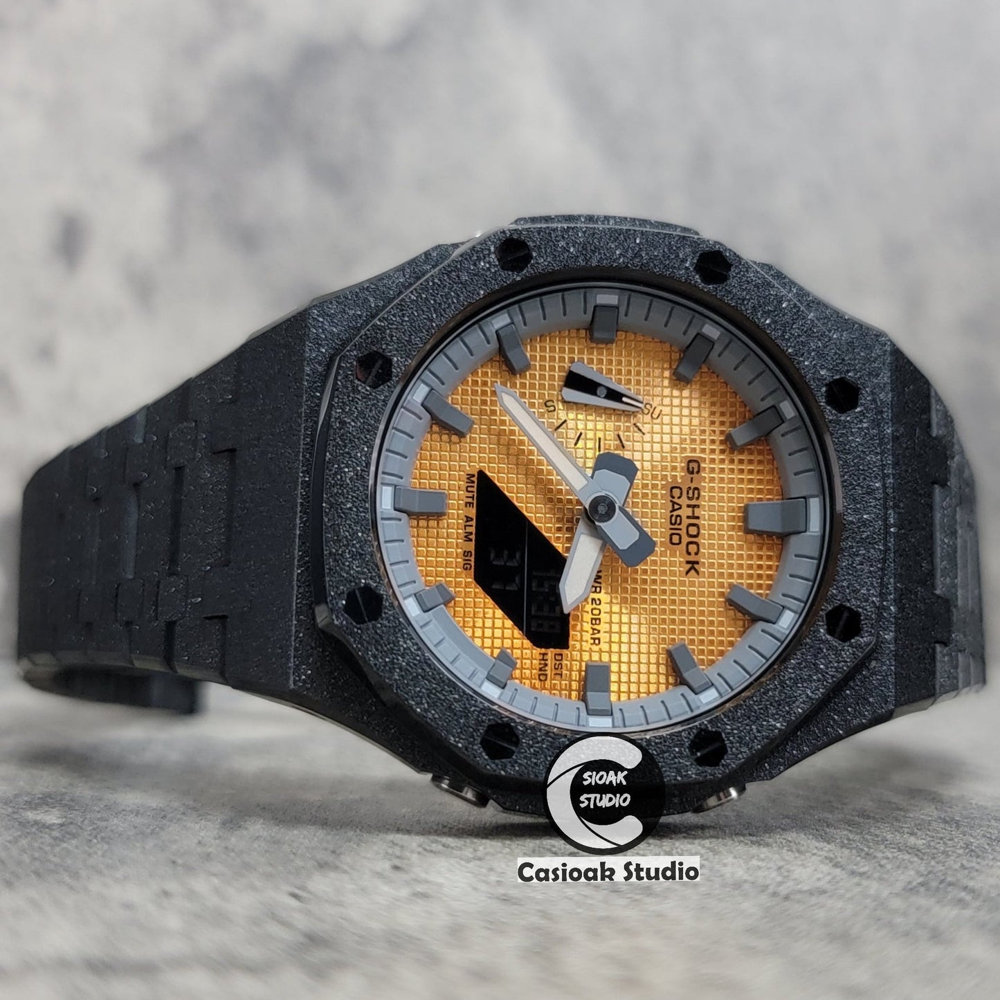 Casioak Mod Watch Frosted Black Case Metal Strap Gray Time Mark Gold Waffle Dial 44mm- Casioak Mod Casio G-Shock Royal Oak Custom Mens Luxury Watches Ga2100