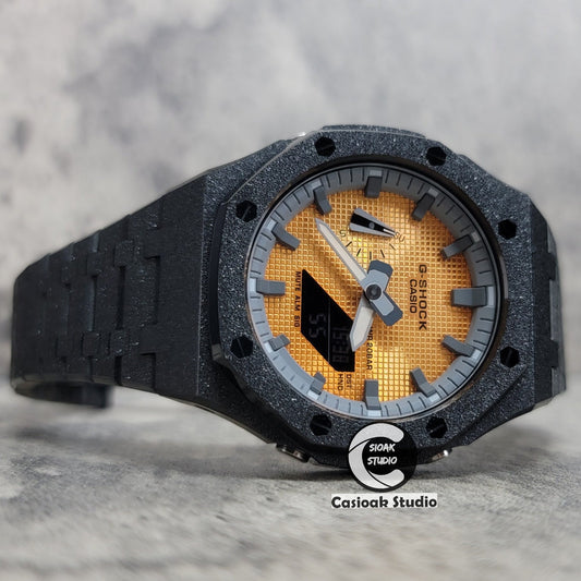 Casioak Mod Watch Frosted Black Case Metal Strap Gray Time Mark Gold Waffle Dial 44mm- Casioak Mod Casio G-Shock Royal Oak Custom Mens Luxury Watches Ga2100