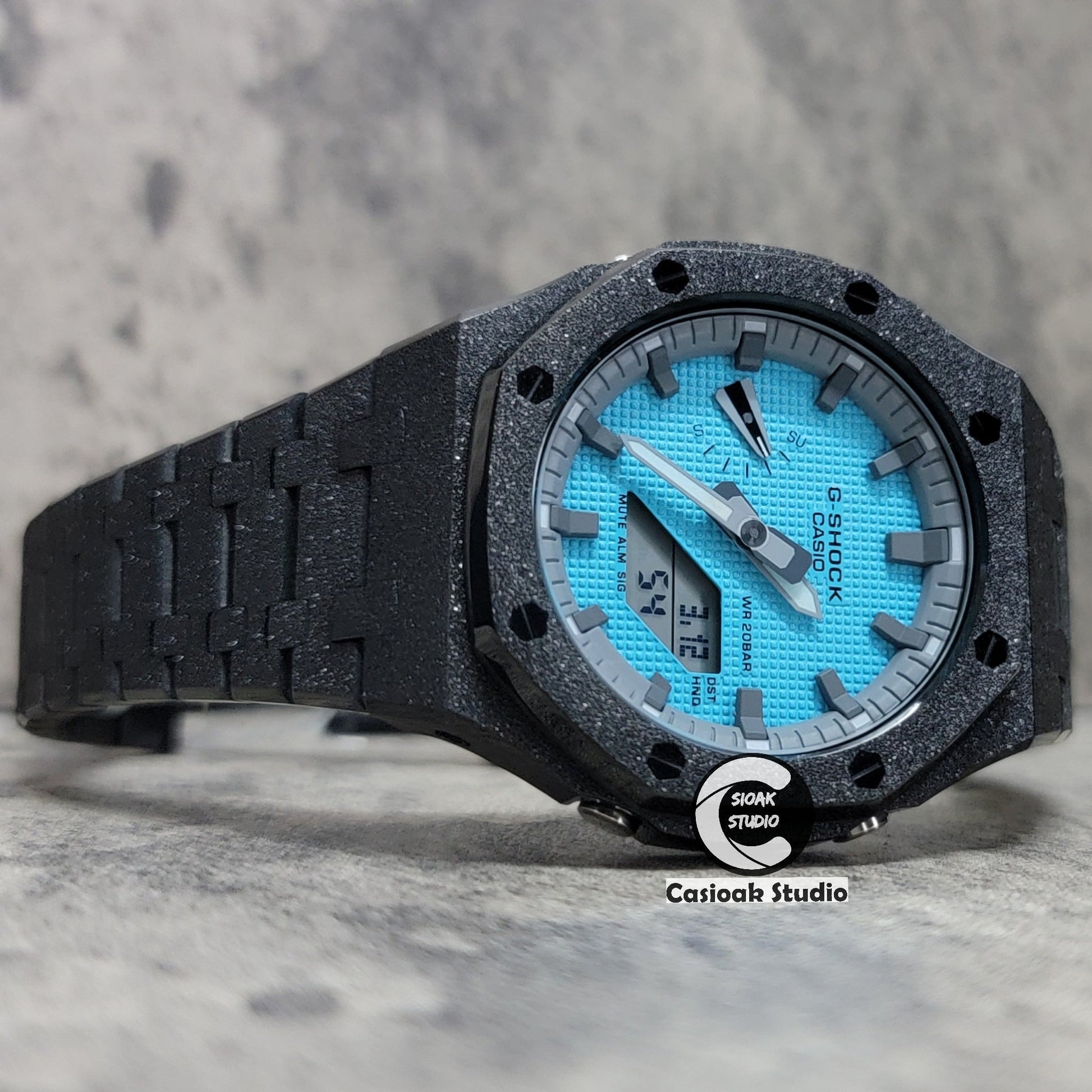 Casioak Mod Watch Frosted Black Case Metal Strap Gray Time Mark Tiff Blue Dial 44mm- Casioak Mod Casio G-Shock Royal Oak Custom Mens Luxury Watches Ga2100