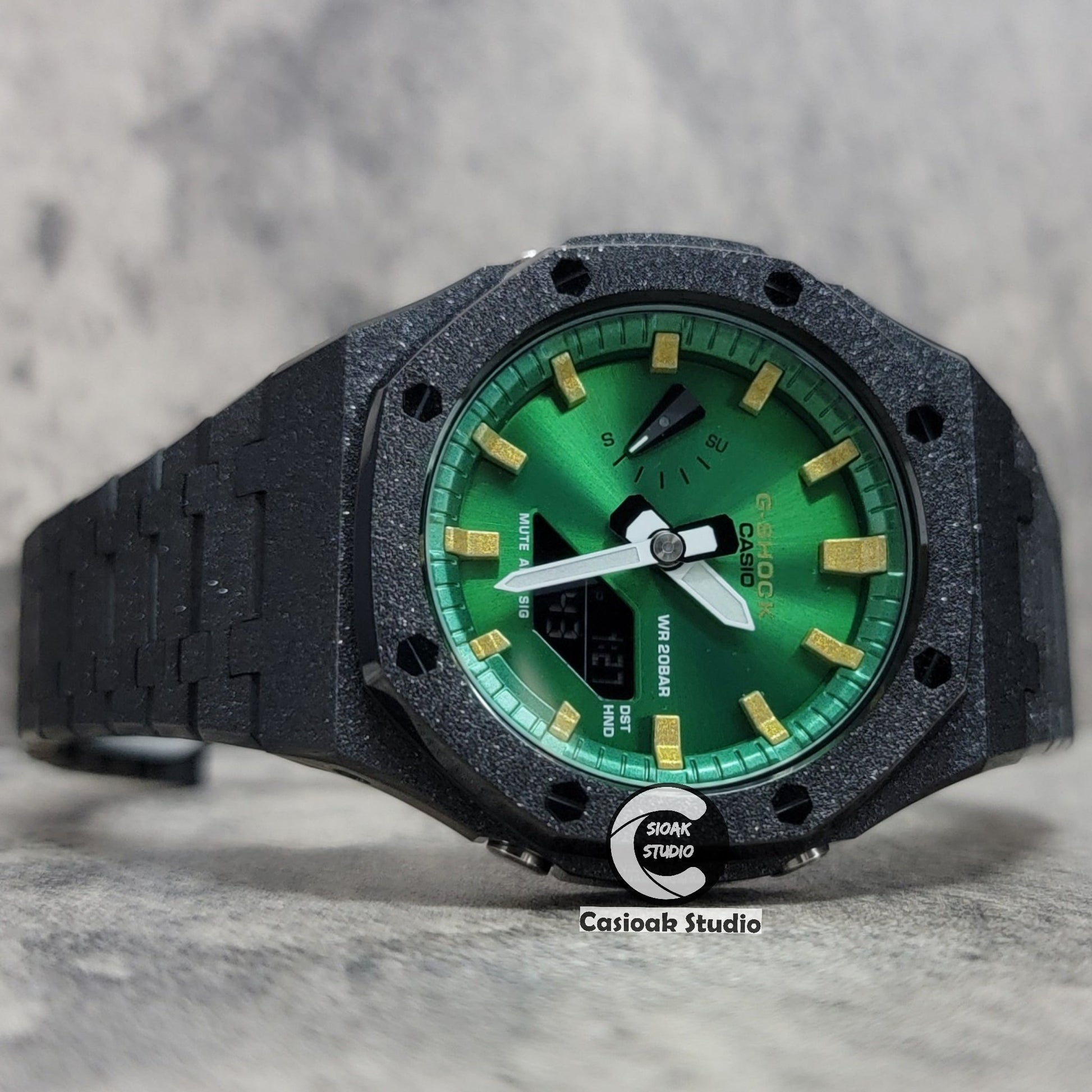 Casioak Mod Watch Frosted Black Case Metal Strap Green Gold Time Mark Green Dial 44mm- Casioak Mod Casio G-Shock Royal Oak Custom Mens Luxury Watches Ga2100