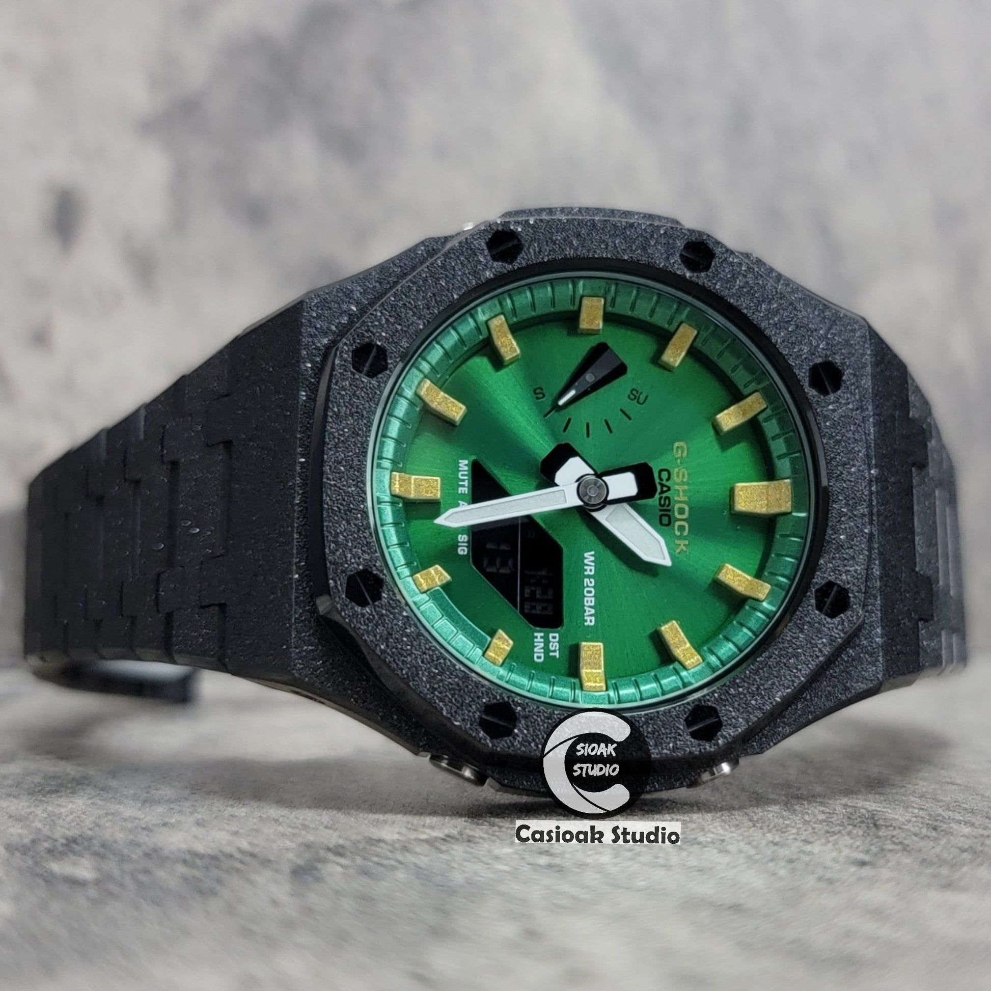 Casioak Mod Watch Frosted Black Case Metal Strap Green Gold Time Mark Green Dial 44mm- Casioak Mod Casio G-Shock Royal Oak Custom Mens Luxury Watches Ga2100