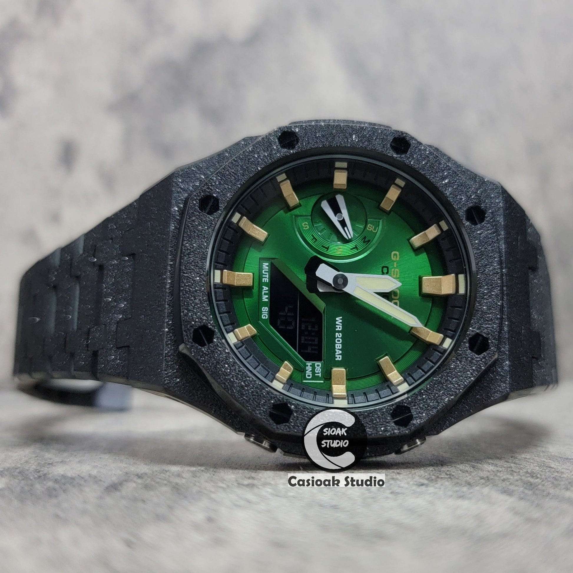 Casioak Mod Watch Frosted Black Case Metal Strap Green Gold Time Mark Green Dial 44mm- Casioak Mod Casio G-Shock Royal Oak Custom Mens Luxury Watches Ga2100