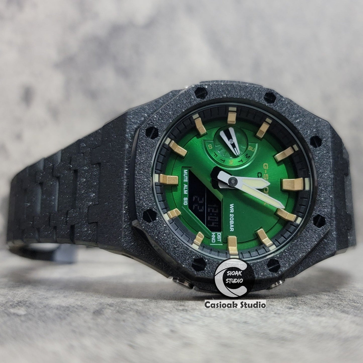 Casioak Mod Watch Frosted Black Case Metal Strap Green Gold Time Mark Green Dial 44mm- Casioak Mod Casio G-Shock Royal Oak Custom Mens Luxury Watches Ga2100