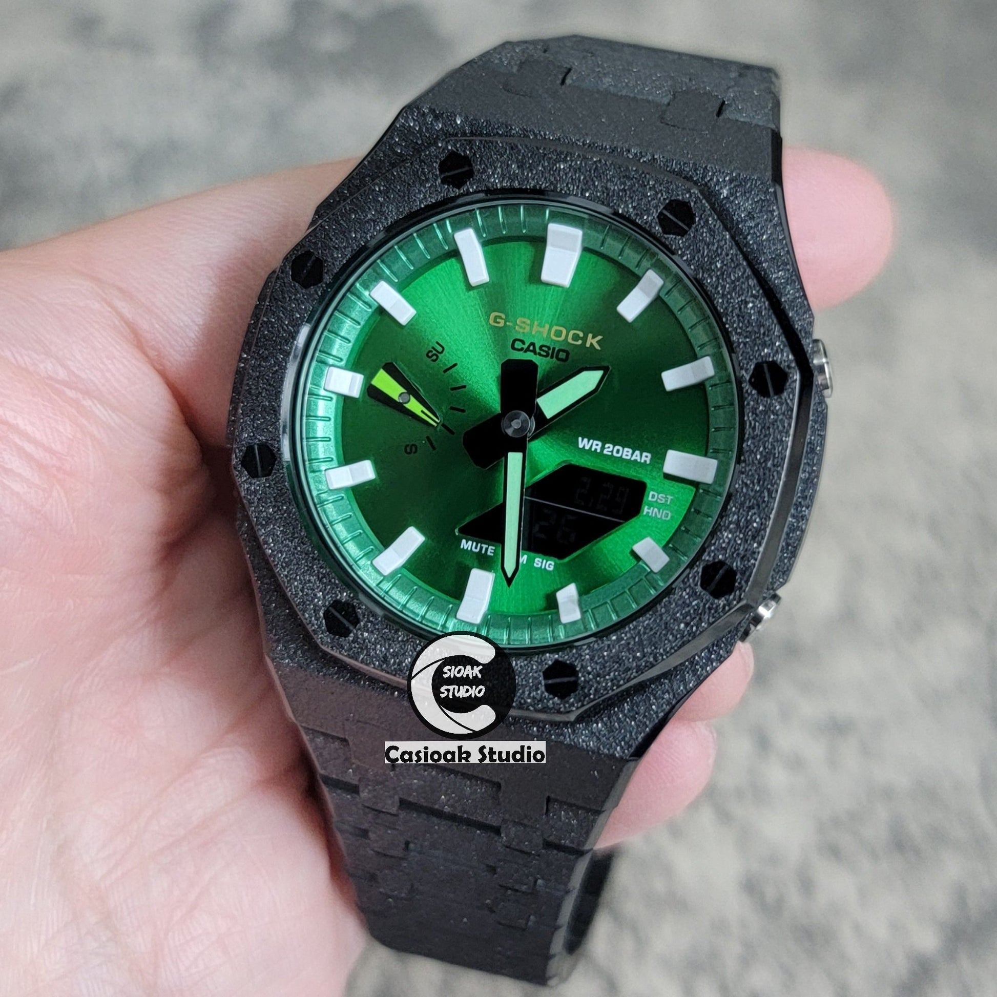 Casioak Mod Watch Frosted Black Case Metal Strap Green White Time Mark Green Dial 44mm- Casioak Mod Casio G-Shock Royal Oak Custom Mens Luxury Watches Ga2100