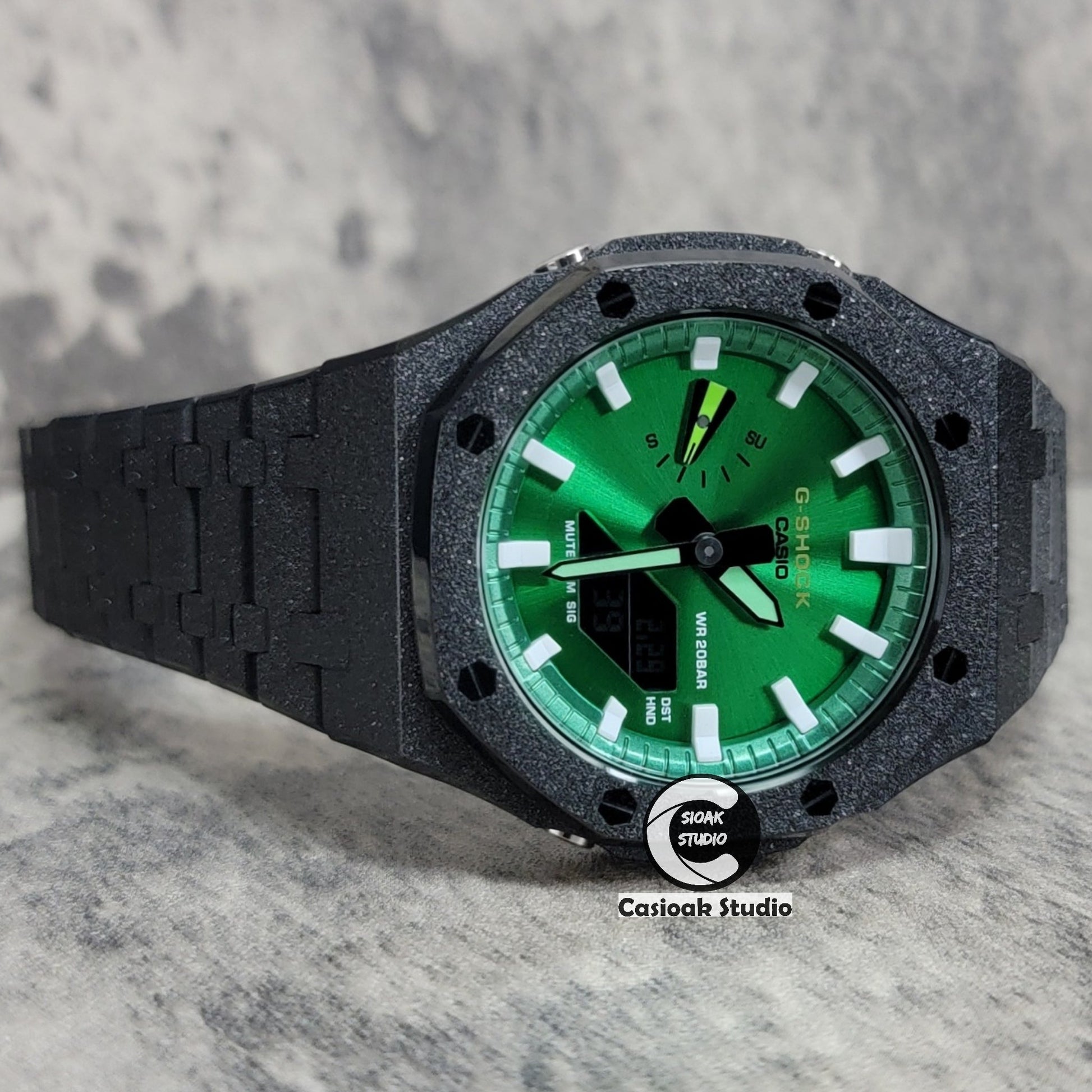 Casioak Mod Watch Frosted Black Case Metal Strap Green White Time Mark Green Dial 44mm- Casioak Mod Casio G-Shock Royal Oak Custom Mens Luxury Watches Ga2100