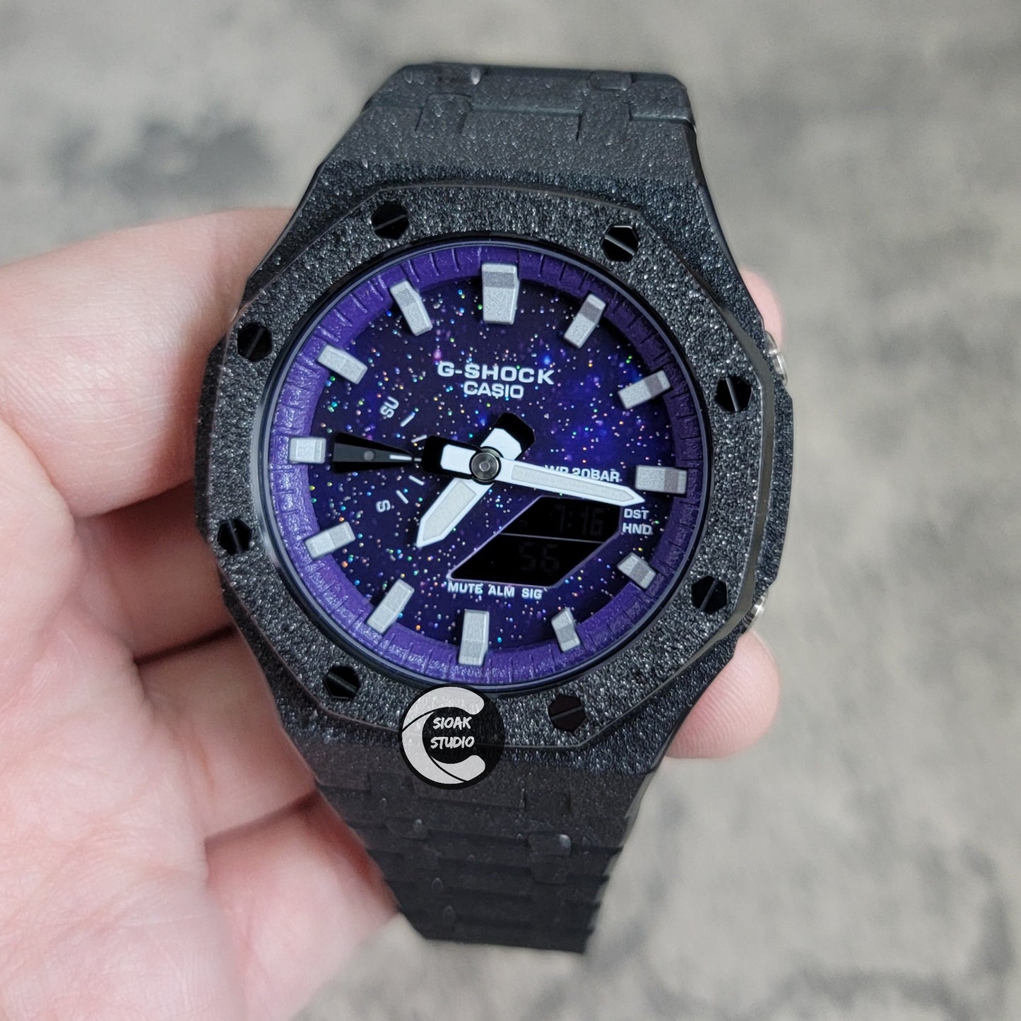 Casioak Mod Watch Frosted Black Case Metal Strap Purple Silver Time Mark Purple Dial 44mm- Casioak Mod Casio G-Shock Royal Oak Custom Mens Luxury Watches Ga2100