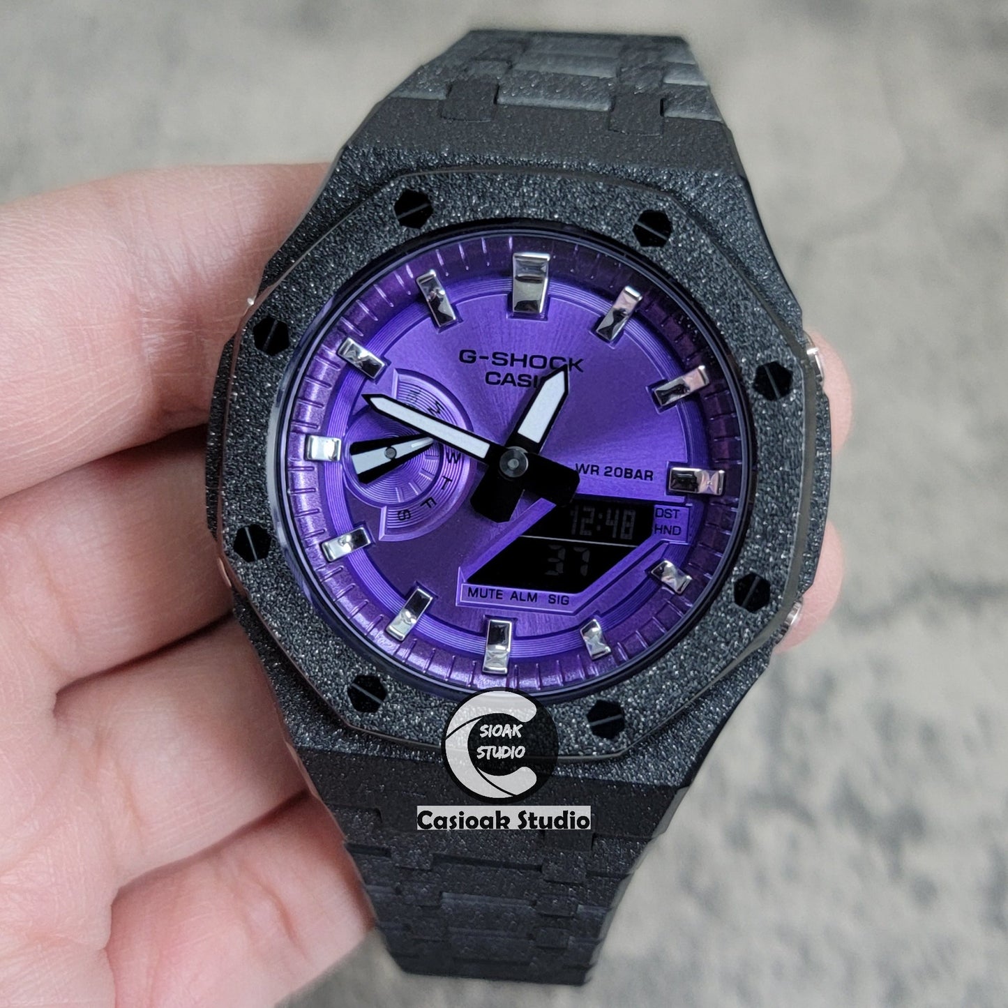 Casioak Mod Watch Frosted Black Case Metal Strap Purple Silver Time Mark Purple Dial 44mm- Casioak Mod Casio G-Shock Royal Oak Custom Mens Luxury Watches Ga2100