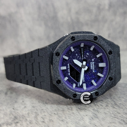 Casioak Mod Watch Frosted Black Case Metal Strap Purple Silver Time Mark Purple Dial 44mm- Casioak Mod Casio G-Shock Royal Oak Custom Mens Luxury Watches Ga2100