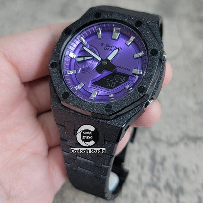 Casioak Mod Watch Frosted Black Case Metal Strap Purple Silver Time Mark Purple Dial 44mm- Casioak Mod Casio G-Shock Royal Oak Custom Mens Luxury Watches Ga2100