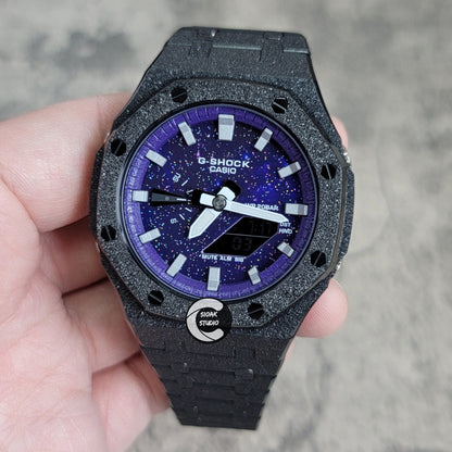 Casioak Mod Watch Frosted Black Case Metal Strap Purple Silver Time Mark Purple Dial 44mm- Casioak Mod Casio G-Shock Royal Oak Custom Mens Luxury Watches Ga2100