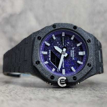 Casioak Mod Watch Frosted Black Case Metal Strap Purple Silver Time Mark Purple Dial 44mm- Casioak Mod Casio G-Shock Royal Oak Custom Mens Luxury Watches Ga2100