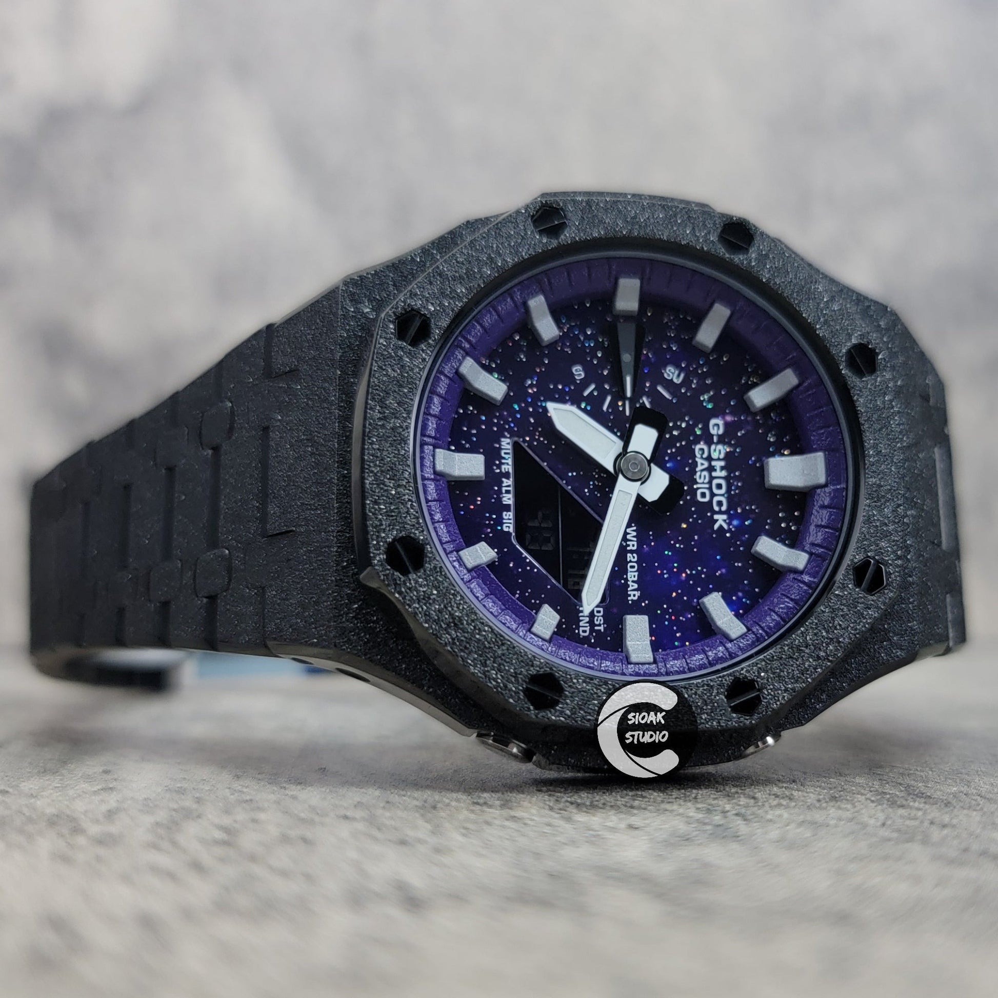 Casioak Mod Watch Frosted Black Case Metal Strap Purple Silver Time Mark Purple Dial 44mm- Casioak Mod Casio G-Shock Royal Oak Custom Mens Luxury Watches Ga2100