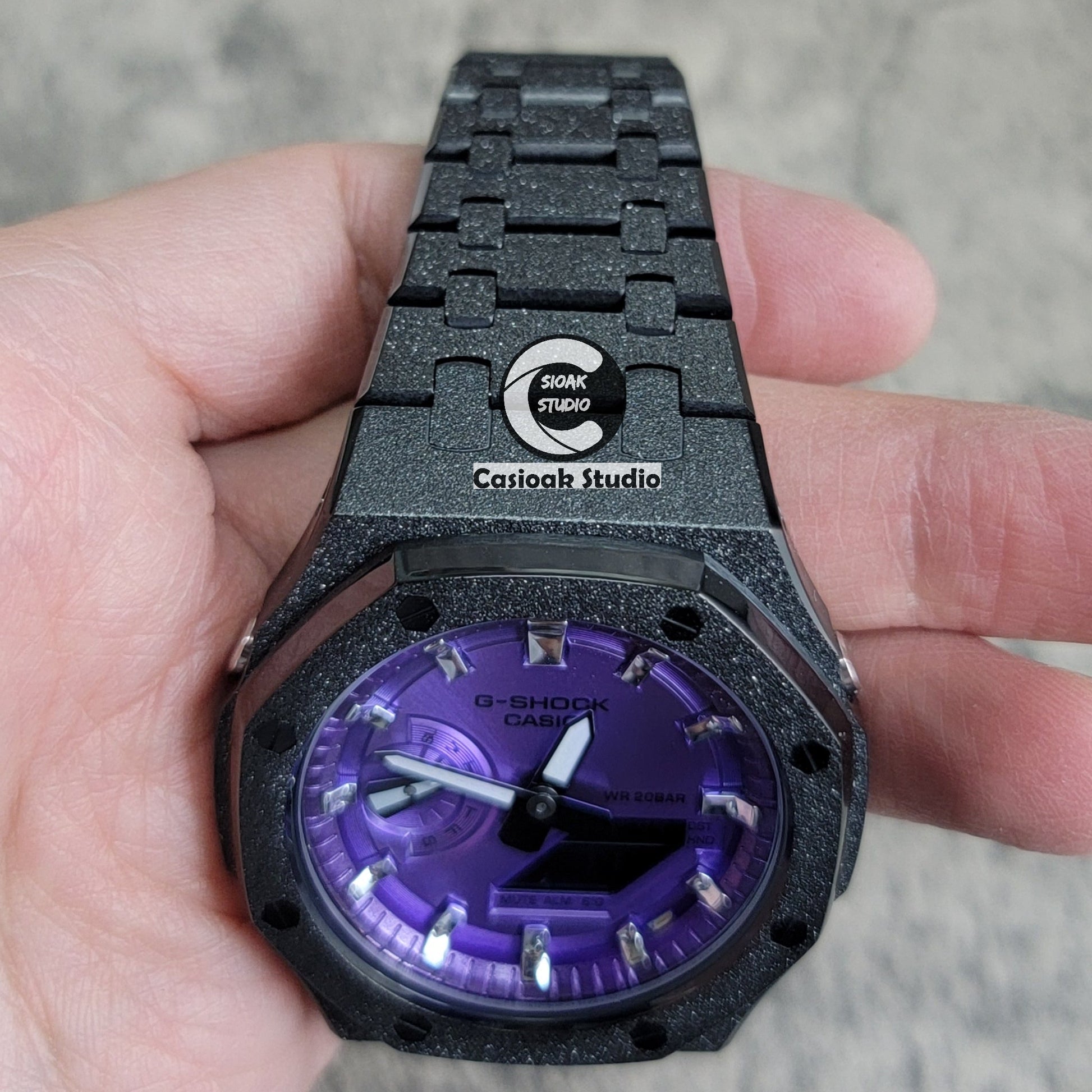 Casioak Mod Watch Frosted Black Case Metal Strap Purple Silver Time Mark Purple Dial 44mm- Casioak Mod Casio G-Shock Royal Oak Custom Mens Luxury Watches Ga2100