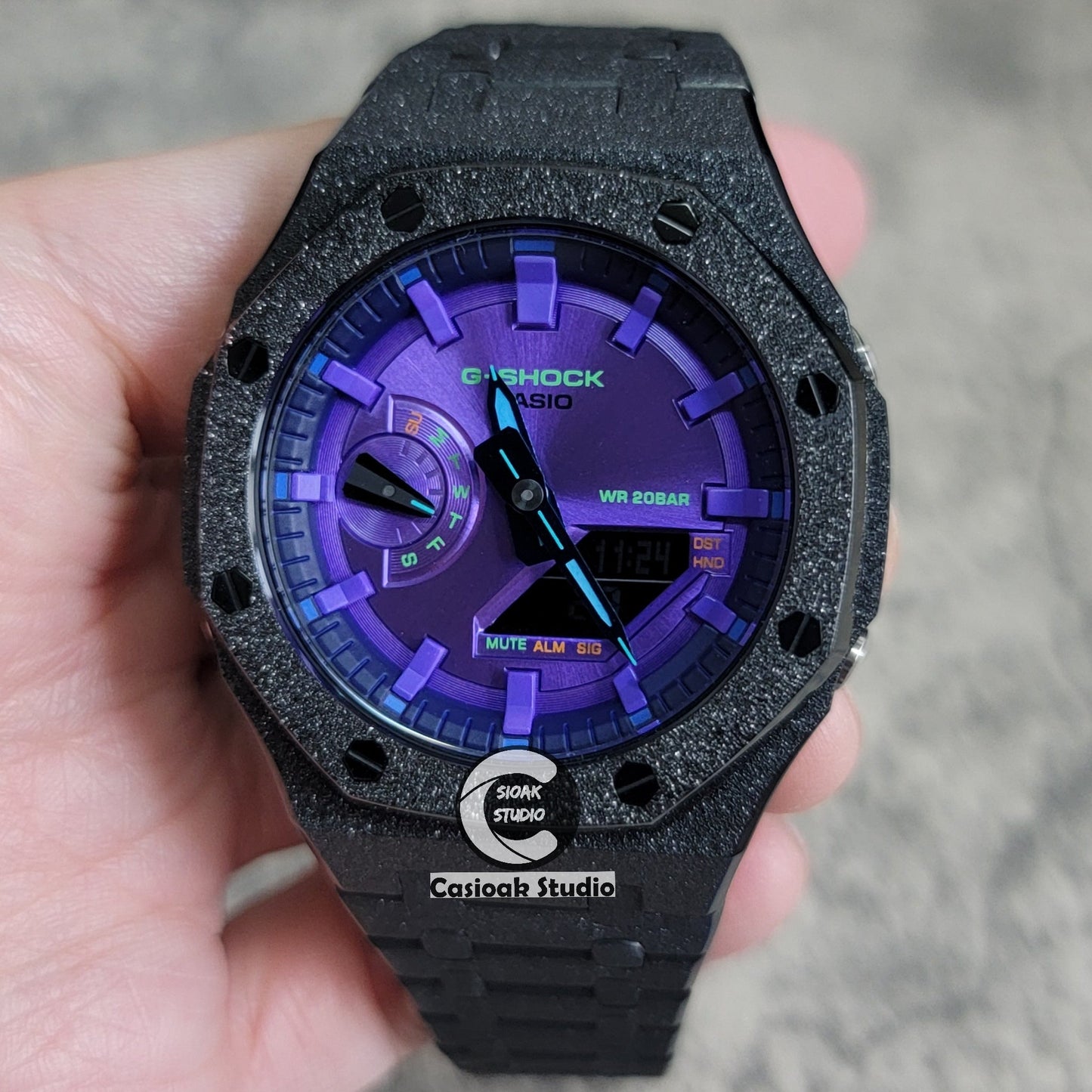 Casioak Mod Watch Frosted Black Case Metal Strap Purple Time Mark Purple Dial 44mm- Casioak Mod Casio G-Shock Royal Oak Custom Mens Luxury Watches Ga2100