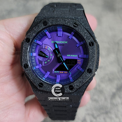 Casioak Mod Watch Frosted Black Case Metal Strap Purple Time Mark Purple Dial 44mm- Casioak Mod Casio G-Shock Royal Oak Custom Mens Luxury Watches Ga2100