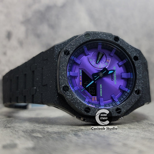 Casioak Mod Watch Frosted Black Case Metal Strap Purple Time Mark Purple Dial 44mm- Casioak Mod Casio G-Shock Royal Oak Custom Mens Luxury Watches Ga2100