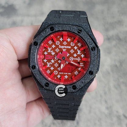 Casioak Mod Watch Frosted Black Case Metal Strap Red Time Mark Red Dial 44mm- Casioak Mod Casio G-Shock Royal Oak Custom Mens Luxury Watches Ga2100