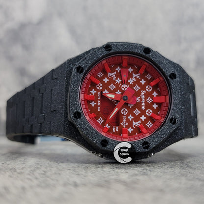 Casioak Mod Watch Frosted Black Case Metal Strap Red Time Mark Red Dial 44mm- Casioak Mod Casio G-Shock Royal Oak Custom Mens Luxury Watches Ga2100