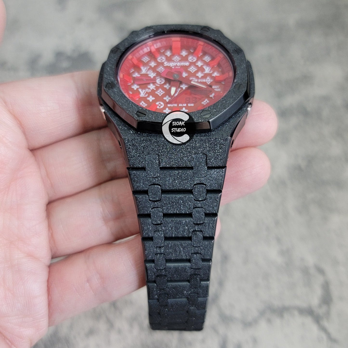 Casioak Mod Watch Frosted Black Case Metal Strap Red Time Mark Red Dial 44mm- Casioak Mod Casio G-Shock Royal Oak Custom Mens Luxury Watches Ga2100