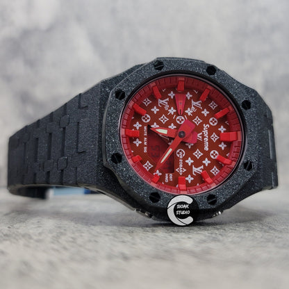 Casioak Mod Watch Frosted Black Case Metal Strap Red Time Mark Red Dial 44mm- Casioak Mod Casio G-Shock Royal Oak Custom Mens Luxury Watches Ga2100