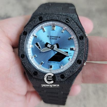 Casioak Mod Watch Frosted Black Case Metal Strap Silver Time Mark Ice Blue Dial 44mm- Casioak Mod Casio G-Shock Royal Oak Custom Mens Luxury Watches Ga2100