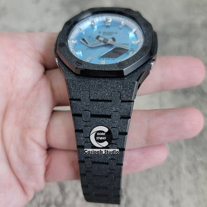 Casioak Mod Watch Frosted Black Case Metal Strap Silver Time Mark Ice Blue Dial 44mm- Casioak Mod Casio G-Shock Royal Oak Custom Mens Luxury Watches Ga2100