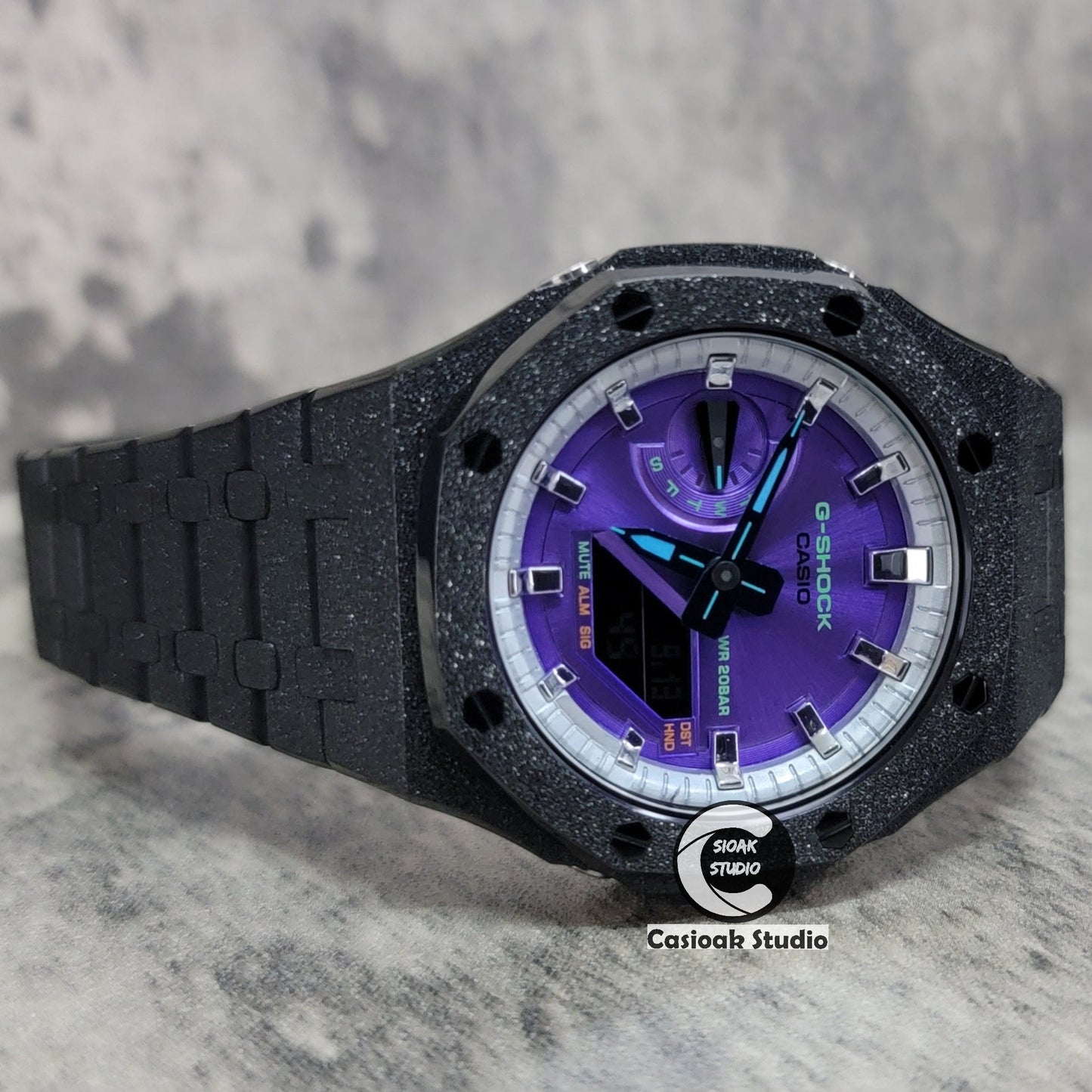 Casioak Mod Watch Frosted Black Case Metal Strap Silver Time Mark Purple Dial 44mm- Casioak Mod Casio G-Shock Royal Oak Custom Mens Luxury Watches Ga2100