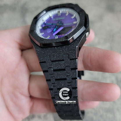 Casioak Mod Watch Frosted Black Case Metal Strap Silver Time Mark Purple Dial 44mm- Casioak Mod Casio G-Shock Royal Oak Custom Mens Luxury Watches Ga2100