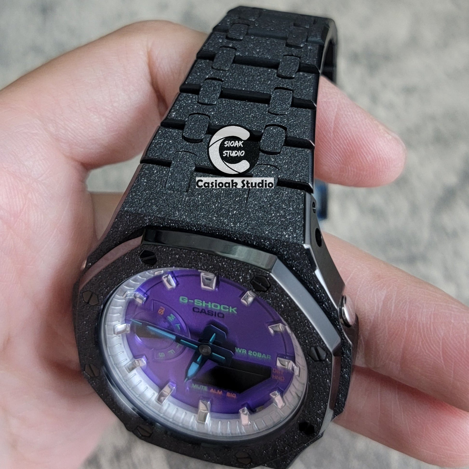 Casioak Mod Watch Frosted Black Case Metal Strap Silver Time Mark Purple Dial 44mm- Casioak Mod Casio G-Shock Royal Oak Custom Mens Luxury Watches Ga2100