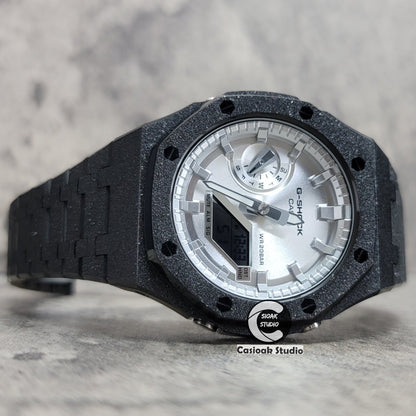 Casioak Mod Watch Frosted Black Case Metal Strap Silver Time Mark Silver Dial 44mm- Casioak Mod Casio G-Shock Royal Oak Custom Mens Luxury Watches Ga2100