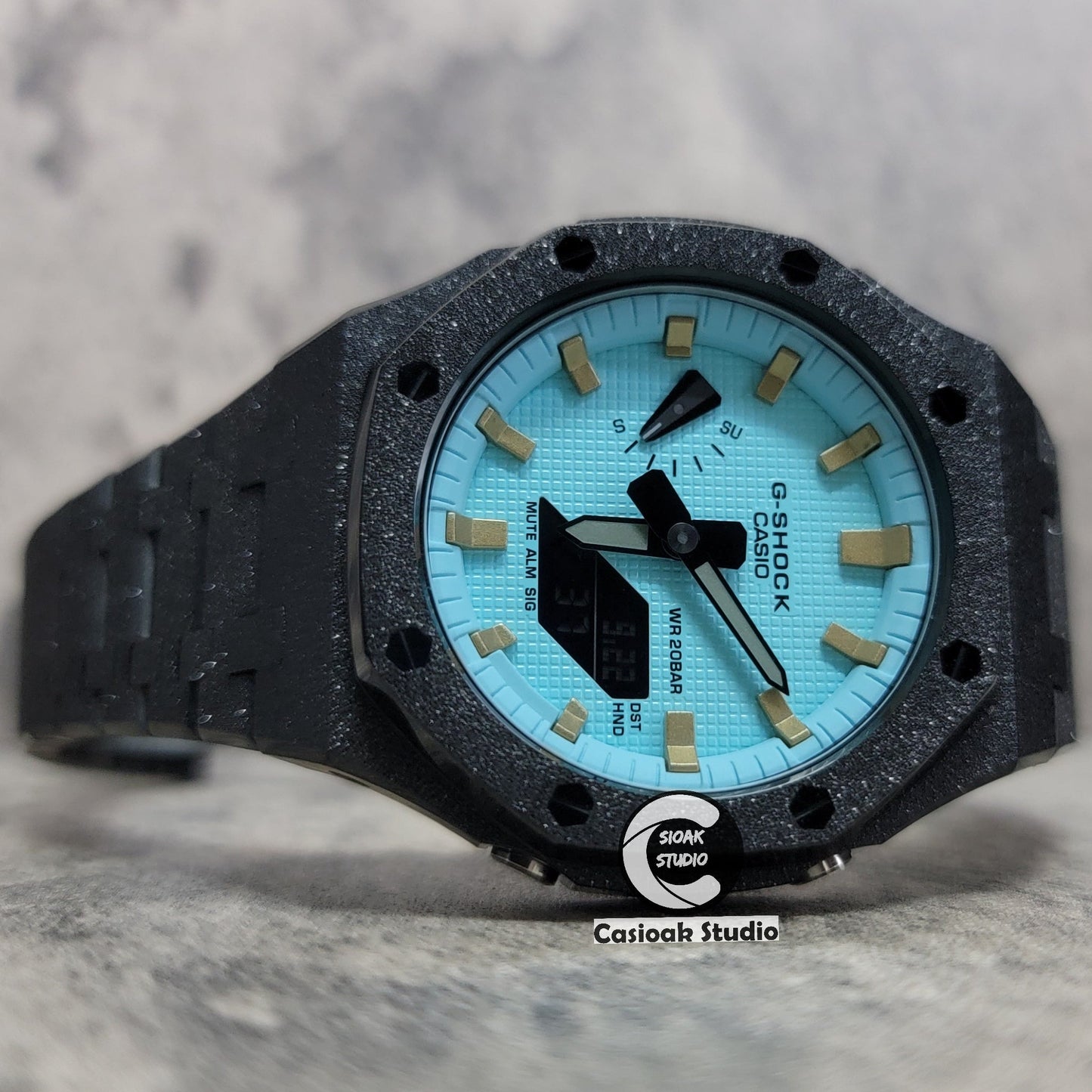 Casioak Mod Watch Frosted Black Case Metal Strap Tiff Gold Time Mark Tiff Blue Dial 44mm- Casioak Mod Casio G-Shock Royal Oak Custom Mens Luxury Watches Ga2100