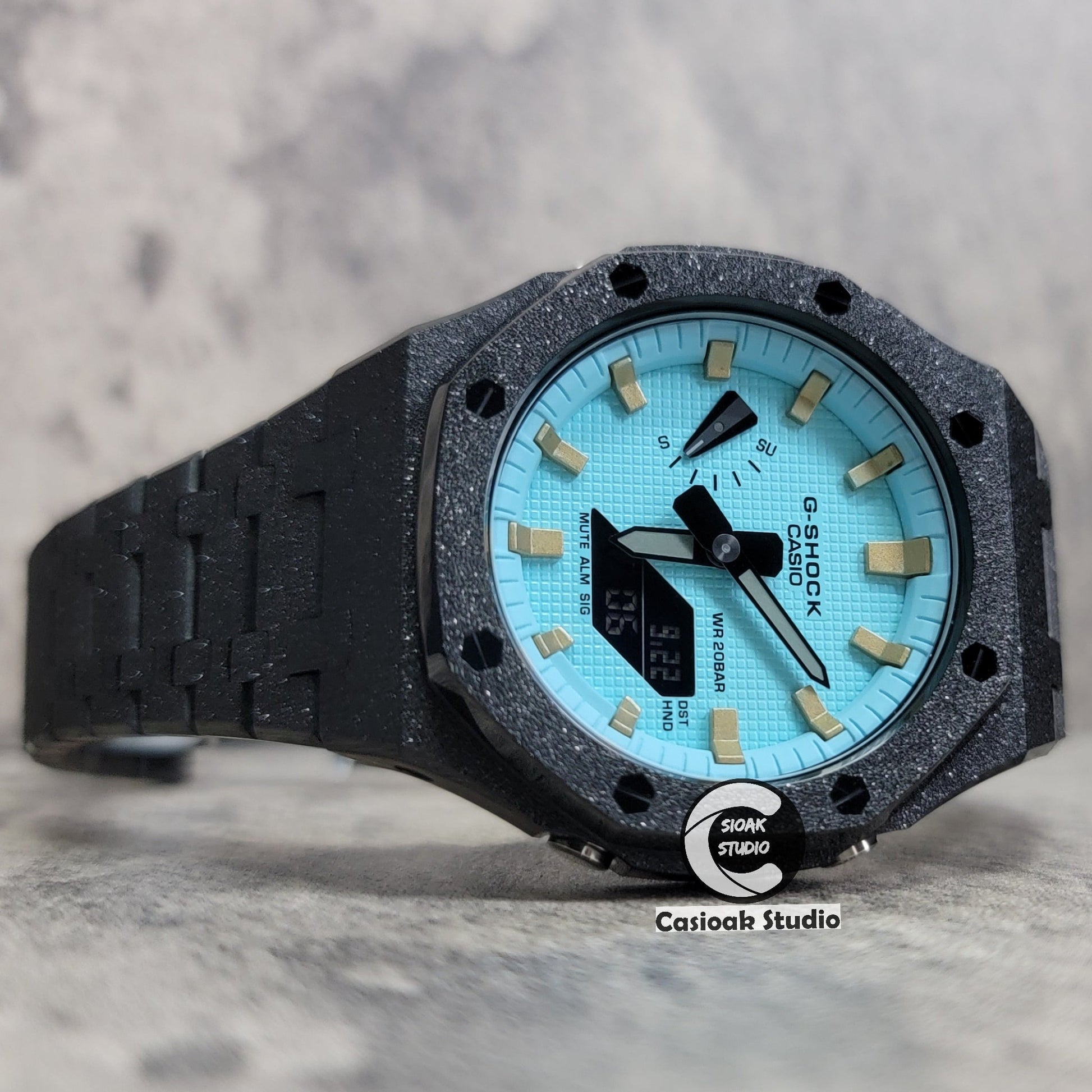 Casioak Mod Watch Frosted Black Case Metal Strap Tiff Gold Time Mark Tiff Blue Dial 44mm- Casioak Mod Casio G-Shock Royal Oak Custom Mens Luxury Watches Ga2100