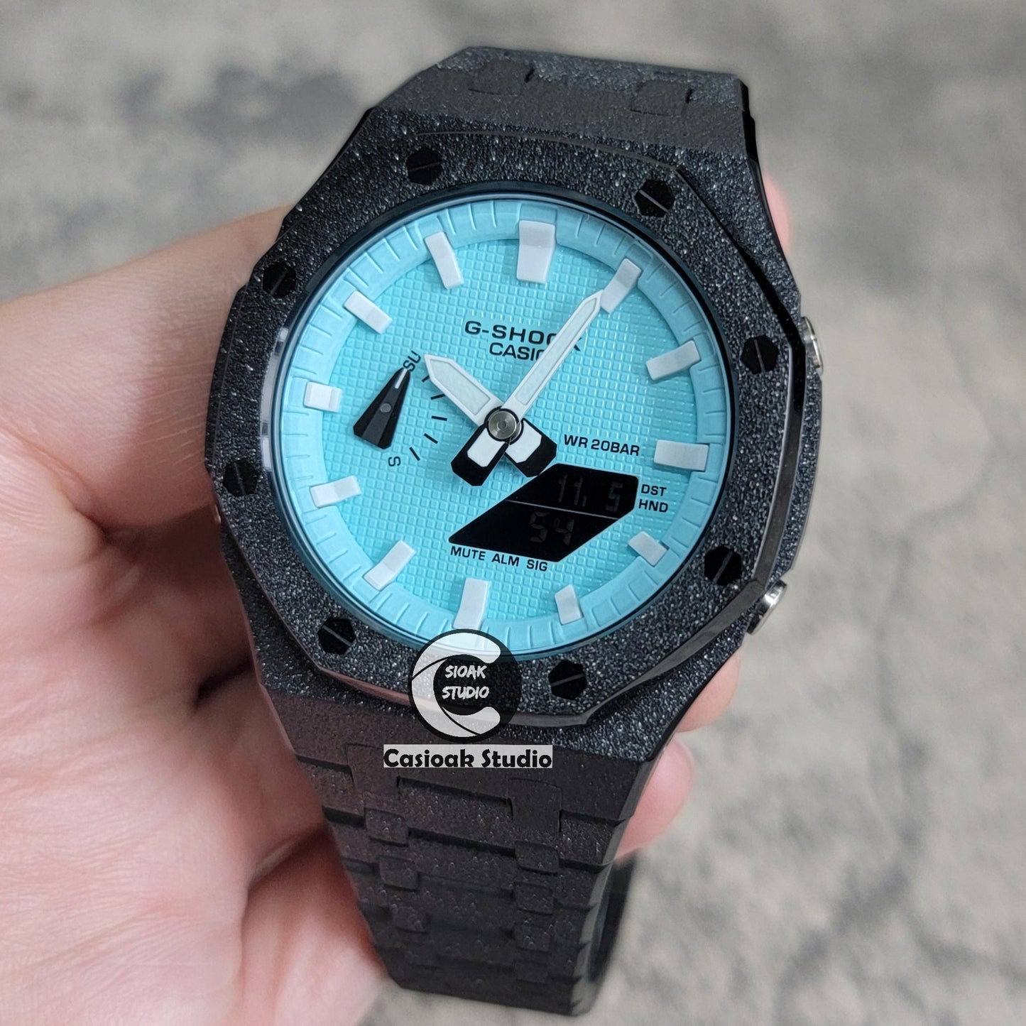 Casioak Mod Watch Frosted Black Case Metal Strap Tiff White Time Mark Tiff Blue Dial 44mm- Casioak Mod Casio G-Shock Royal Oak Custom Mens Luxury Watches Ga2100