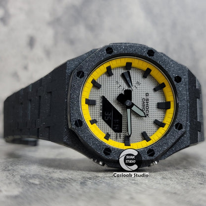 Casioak Mod Watch Frosted Black Case Metal Strap Yellow Black Time Mark Gray Dial 44mm- Casioak Mod Casio G-Shock Royal Oak Custom Mens Luxury Watches Ga2100