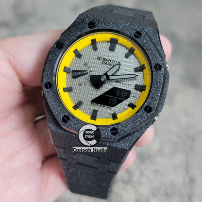 Casioak Mod Watch Frosted Black Case Metal Strap Yellow Black Time Mark Gray Dial 44mm- Casioak Mod Casio G-Shock Royal Oak Custom Mens Luxury Watches Ga2100