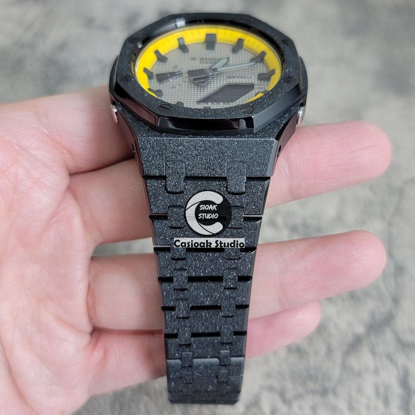 Casioak Mod Watch Frosted Black Case Metal Strap Yellow Black Time Mark Gray Dial 44mm- Casioak Mod Casio G-Shock Royal Oak Custom Mens Luxury Watches Ga2100